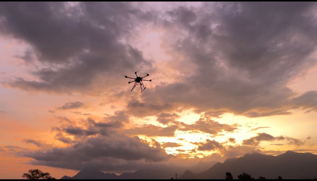 Drone silhouette flying in cloudy sunset sky for long-range RF link test